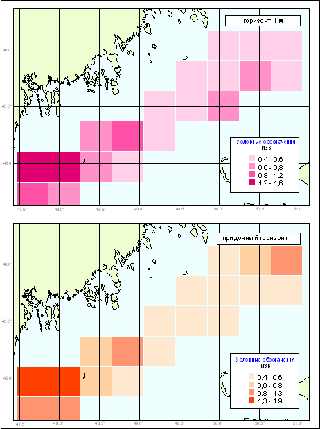 Динамика изменения значений индекса загрязненности морской воды акватории Северного Каспия с 2001 по 2004 год