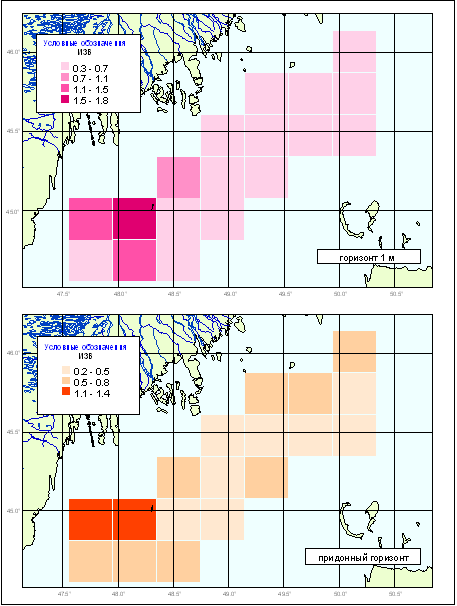 Динамика изменения значений индекса загрязненности морской воды акватории Северного Каспия с 2001 по 2004 год